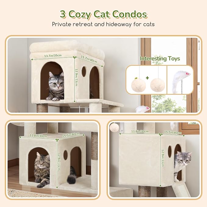Globlazer Heavy Duty Cat Tree for Indoor Cats Large Adult, F52B, Beige | 3 Condos, Extra-Large Baseboard, Removable Top Perch, 4 Sisal Posts & Board, Hanging Basket, Anti-Topple Strap, Easy Setup