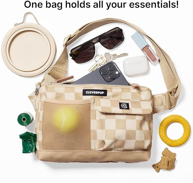 Walk & Train 2-in-1 Dog Walking Bag - Hands-Free Training Crossbody Sling & Fanny Pack with Treat Pouch, Poop Bag Holder, Phone Pockets - Adjustable Waist or Shoulder Strap - Checkerboard