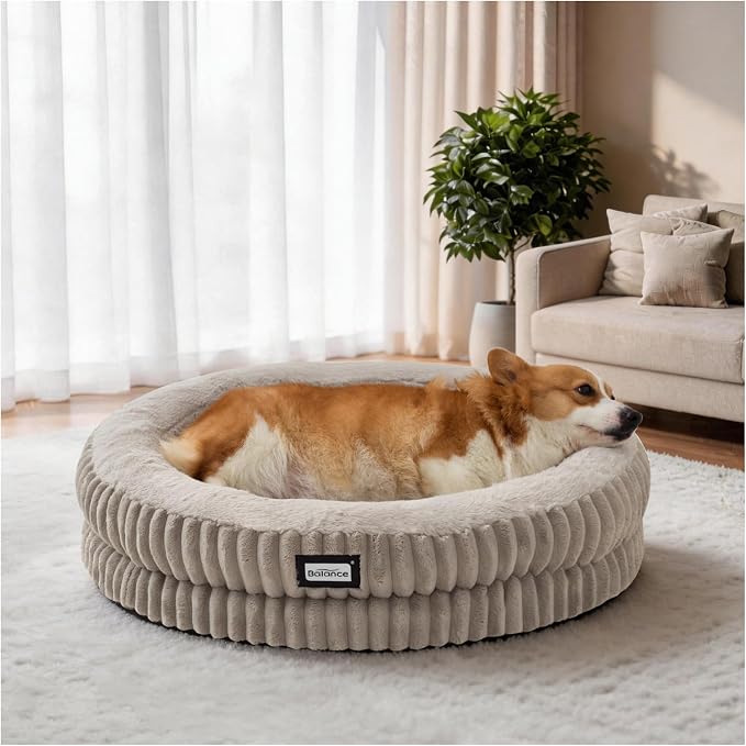 BALANCE Donut Dog Bed, 30 Inches Round Dog Bed Medium Size Dogs Washable, Orthopedic Calming Dogs Beds for Kitten, Fluffy Plush Faux Fur Pet Bed with Anti-Slip Bottom