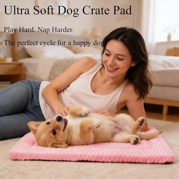 Dog Bed Mat, Reversible Dog Crate Pad for Small Medium Dogs & Cats, Soft Washable Kennel Mat with Non-Slip Bottom, Lightweight Pet Bed for Crate, Cage, Home and Travel(Pink, 30" L*20" W*1.5" Th)