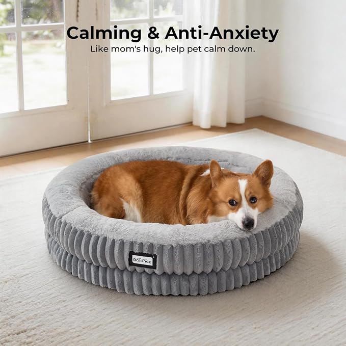 BALANCE Donut Dog Bed, 30 Inches Round Dog Bed Medium Size Dogs Washable, Orthopedic Calming Dogs Beds for Kitten, Fluffy Plush Faux Fur Pet Bed with Anti-Slip Bottom