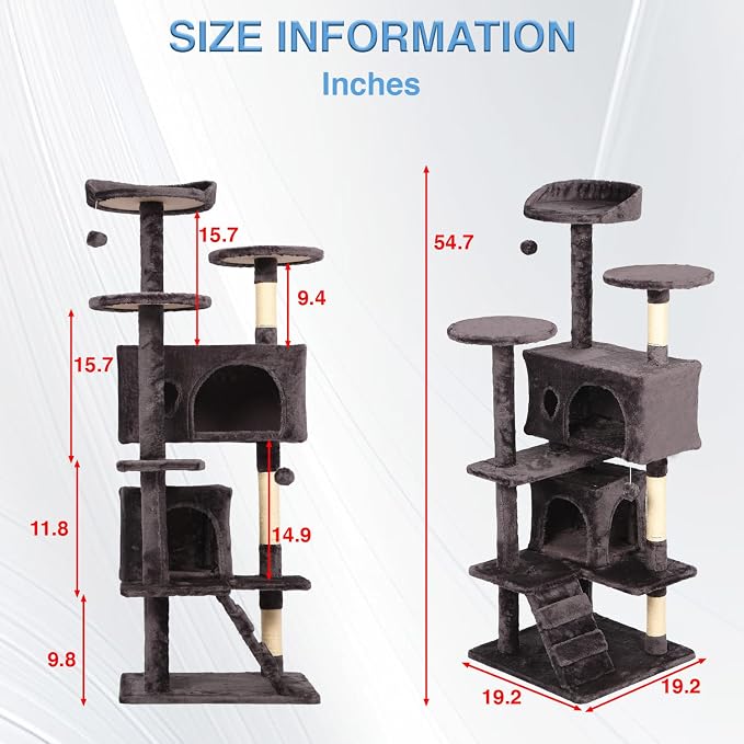 FDW | 54" Cat Tree Tower | Purple Gray | Multi-Level Indoor Activity Center with Sisal Scratching Posts, Condos, Plush Perches, Hanging Cat Toys | Sturdy, Easy to Assemble | for Kittens & Adult Cats