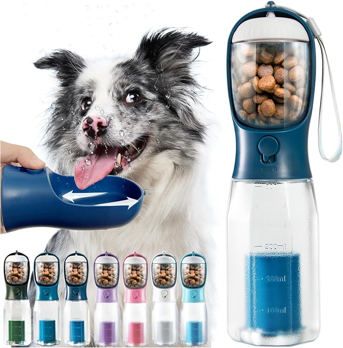 Portable Water Bottle for Dogs, 3 in 1 Pet Travel Bowl Dispenser with Food Treat Container & Poop Bag Holder, Summer Outdoor Walking Hiking Accessories for Dog On The Go - Darkblue, 20oz