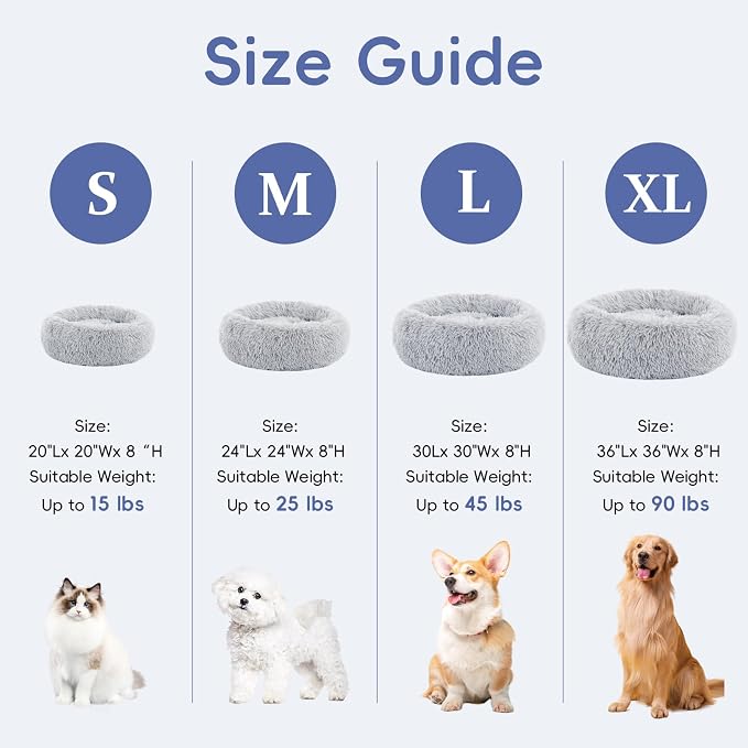 FluffyDream 30 inch Donut Bed - Calming Dog Bed, Plush Washable, Grey