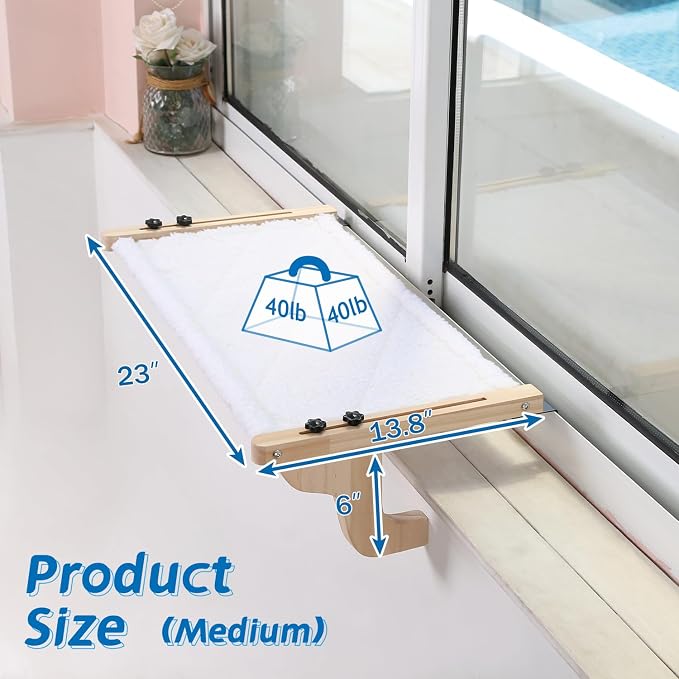 Zakkart Easy Seat Cat Perch for Windowsill (Natural Wood/White, M) | Hook-On Windowsill Mount, Clean Hammock Design, Premium Wood & Robust Metal Frame, Machine Washable Bed, 23"W x 14"D