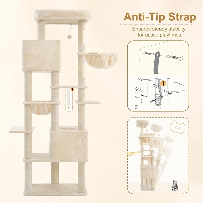 Heybly Cat Tree, 76-Inch Tall Heavy Duty Cat Tower for Big Cats HCT039M | Multi-Level Large Cat Furniture with Extra Wide Baseboard, 2 Condos & 2 Hammocks, 10 Scratching Posts, Beige