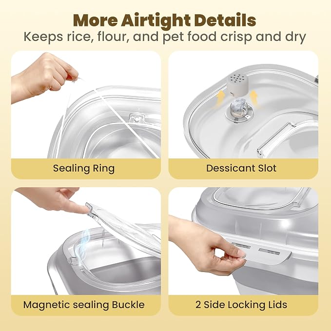 HOYTAMDAR 50Lbs Collapsible Rice Container,Airtight Food Storage container | Rice Storage Container with Clear Lid,Wheel,Date Tracker,2pcs Bins&Measuring Scoop,Rice Dispenser for Pet Food Rice Flour