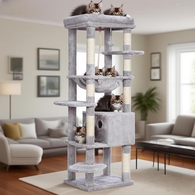 Heybly Cat Tree for Large Cats, 20lbs Heavy Duty, 60 inches HCT050W | Cat Tower for Indoor Cats with Big Padded Plush Perch, Multi-Level Furniture Condo with Cozy Basket, Light Gray