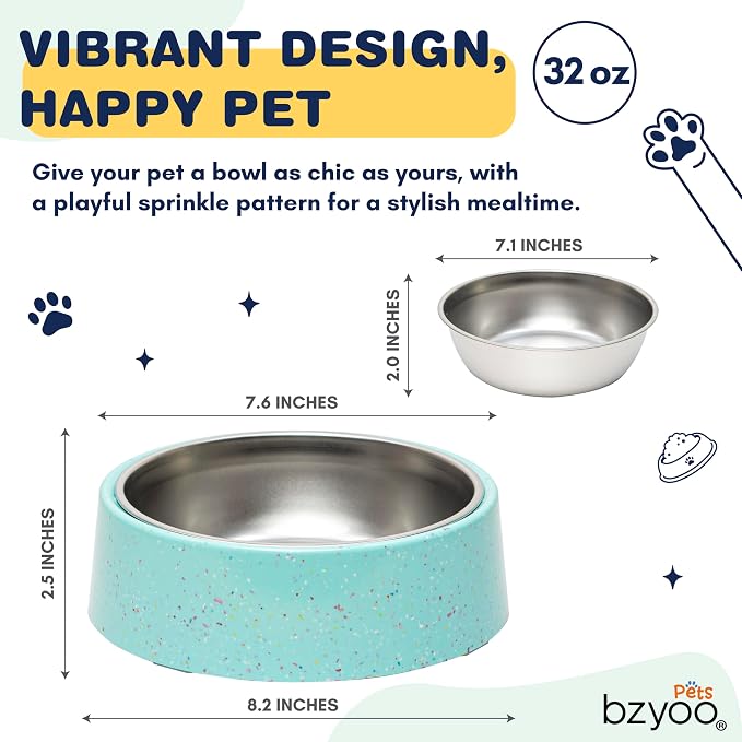 bzyoo 32oz 4CUP Dog & Cat Bowl, Sprinkle Design, Hygienic 304 Stainless Steel Pet Bowl with Removable Inner Bowl, Non-Slip Silicone Base, Dishwasher Safe, for Dry/Wet/Raw Food & Water (Green)