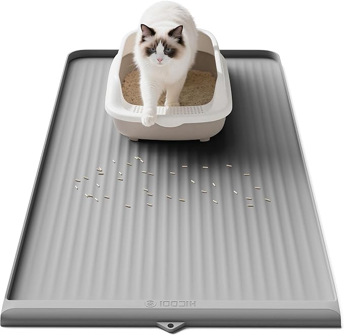 Cat Litter Mat 36"x24", Waterproof Litter Trapping Mat, Grey | Raised Edges Prevent litters, Diversion Grooves, Non-slip Backing, Easy to Clean