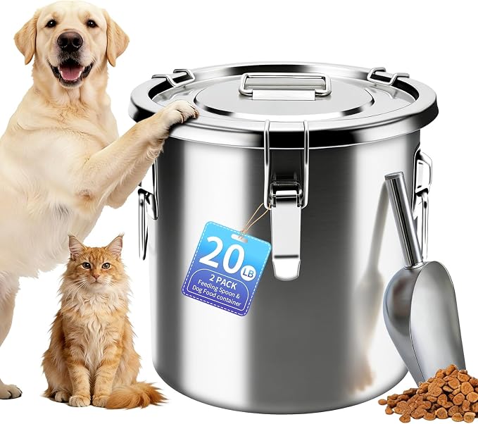 20 lb Stainless Steel Dog Food Storage Container, Airtight Metal Pet Food Storage Bin with Lid and Scoop, Large Dog Food Container for Dry Food, Keep Fresh, Easy to Clean