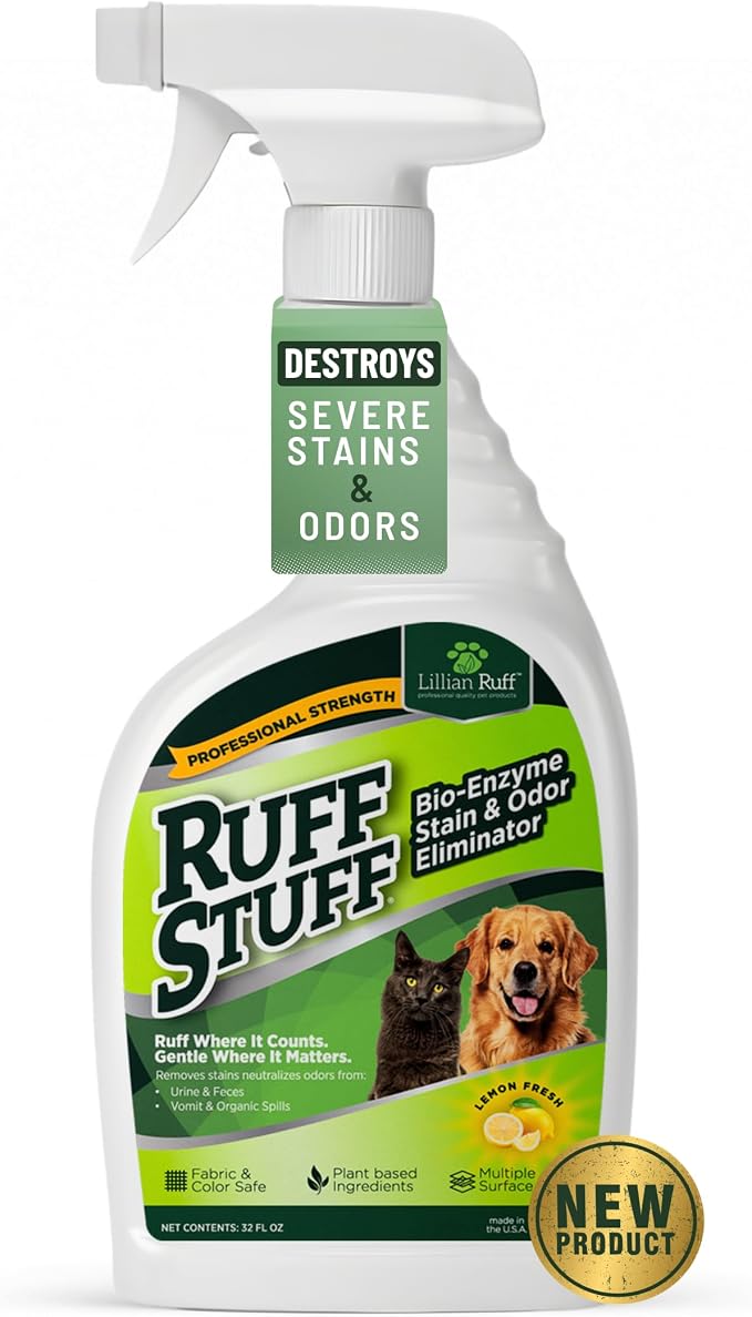 RUFF STUFF Max-Strength Bioenzyme Cleaner, Pet Stain & Odor Eliminator, Laundry Stain Remover Spray for Clothes, Dog Urine Carpet & Upholstery Cleaner, Lemon Scent, 32 Fl Oz