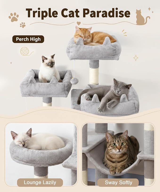 Cat Tower, 71 Inch Heavy Duty Cat Tree for Large Cats | Tall Multi-Level Cat Tree Tower with Extended Base, 2 Condos, 3 Perches, 9 Sisal Posts & Hammock for Indoor Adult Cats, Grey