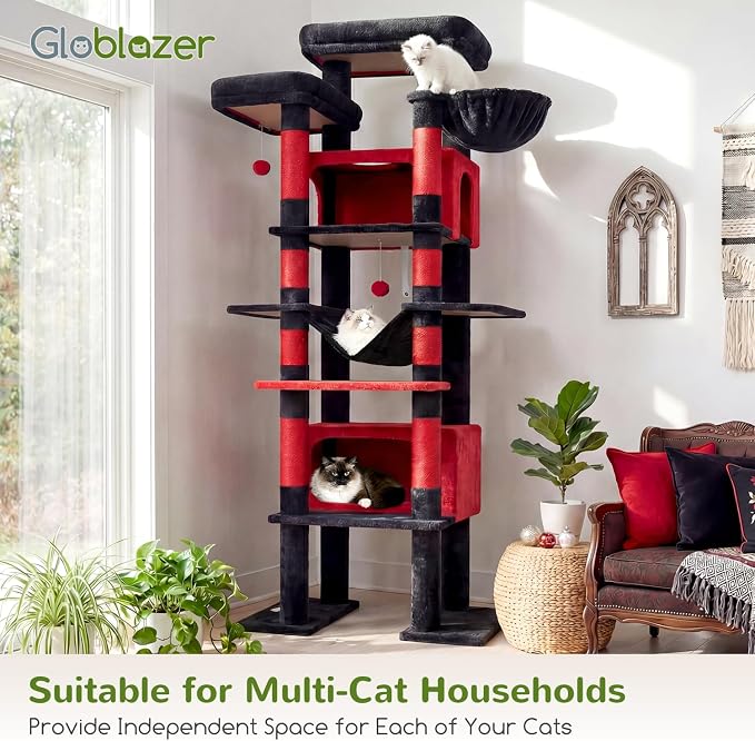Globlazer Gothic Giant Tall Heavy Duty Cat Tower for Indoor Large Cat, F83B | XXL Multi-Level Large Cat Condo with 8 Scratching Posts, Hammock, 2 Cat Caves, 2 Platform, Black Red