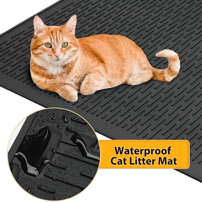 Cat Litter Mat, 39x27in Litter Box Mat Fits 1-2 Litter Boxes, Black | Large Litter Trapping Mat, Rubber Cat Mat with Raised Edges & Textured Surface, Non-Slip Bottom, Washable Easy Clean