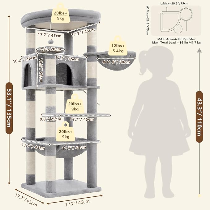 Heybly 53.1" Corner Cat Tree for Large Cats – Interactive Play HCT029W | Sturdy Cat Tower with Cozy Cat Condo, Fan-Shaped Top Perch, Basket, Hammock & Solid Base, Light Gray