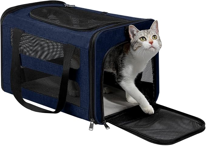 Cat Carrier Soft-Sided Travel Bag for Medium to Large Cats Over 15lbs, Small Dog Carrier Crate Top Entry Breathable Mesh Puppy 12 Pounds, Pet Rabbit Carrying Cage Kennel Collapsible Navy