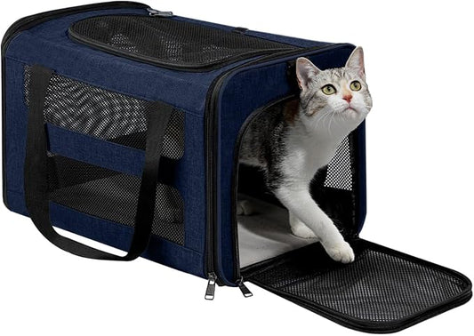 Cat Carrier Soft-Sided Travel Bag for Medium to Large Cats Over 15lbs, Small Dog Carrier Crate Top Entry Breathable Mesh Puppy 12 Pounds, Pet Rabbit Carrying Cage Kennel Collapsible Navy
