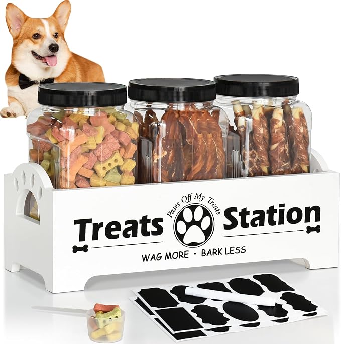 Dog Treat Container Dog Food Storage Container for Countertop, Cat Food Storage Container with 3 Plastic Dog Treat Jar, Dog Food Storage Container for Dog and Cat, White Wooden Dog Food Container