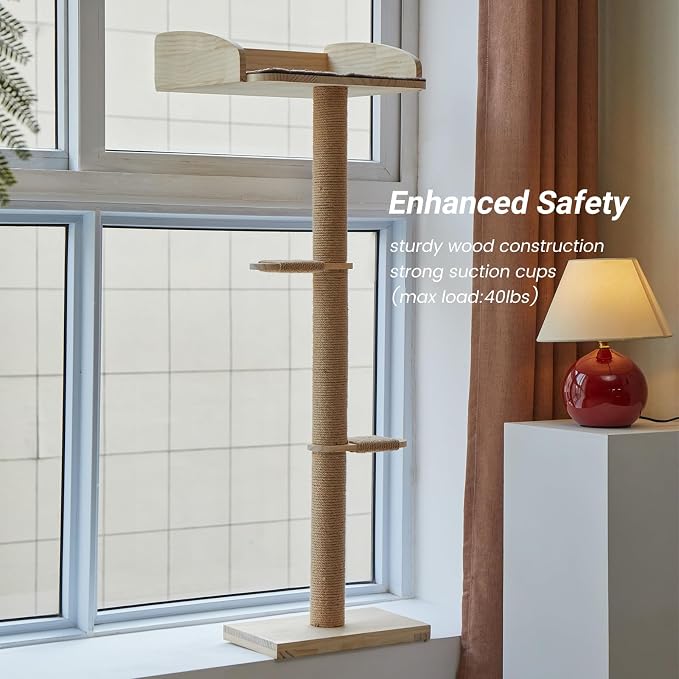 Cat Window Perch with Tall Scratching Posts, Inside 48 in Tall Climbing Tree Hammmock Mounted with Suction Cups for Climbing, Bird Watching, and Play, Supports 45 lbs