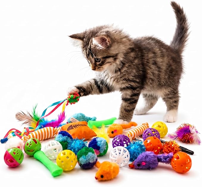 Kitty Catnip Toys- 30 Interactive Cat Toys for Indoor Cats & Kittens – Crinkle Balls, Sparkle Pom Pom Balls, Spiral Springs, Cat Mice, Teaser Wand, Kitten Toys, Cat Accessories - Variety Pack