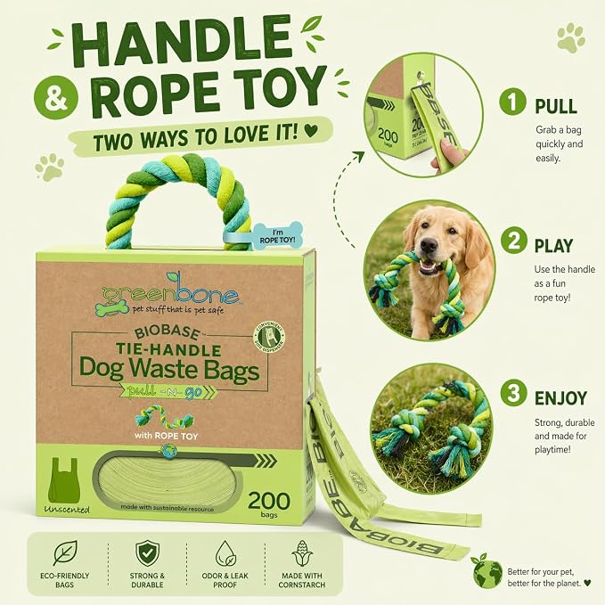 Greenbone Poop Bags for Dogs with Handles Unscented with Bonus Rope Pet Toy, 200 Count on Single Roll, Plant Based