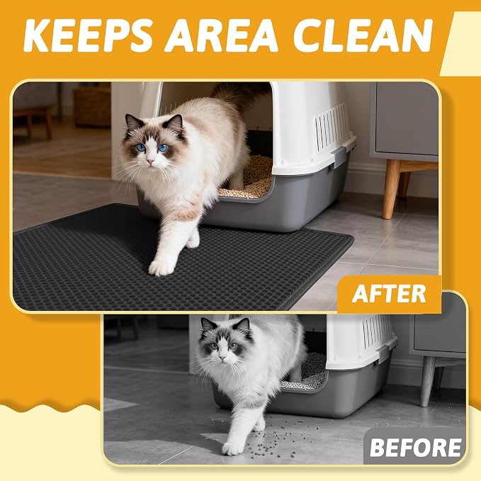 Pieviev Kitty Litter Mat, Double-Layer Waterproof Design, 30" x 24" Black | Honeycomb Litter Box Mat Catches Scattered Particles to Stop Tracking, Urineproof Base protects Floors, Easy to Clean