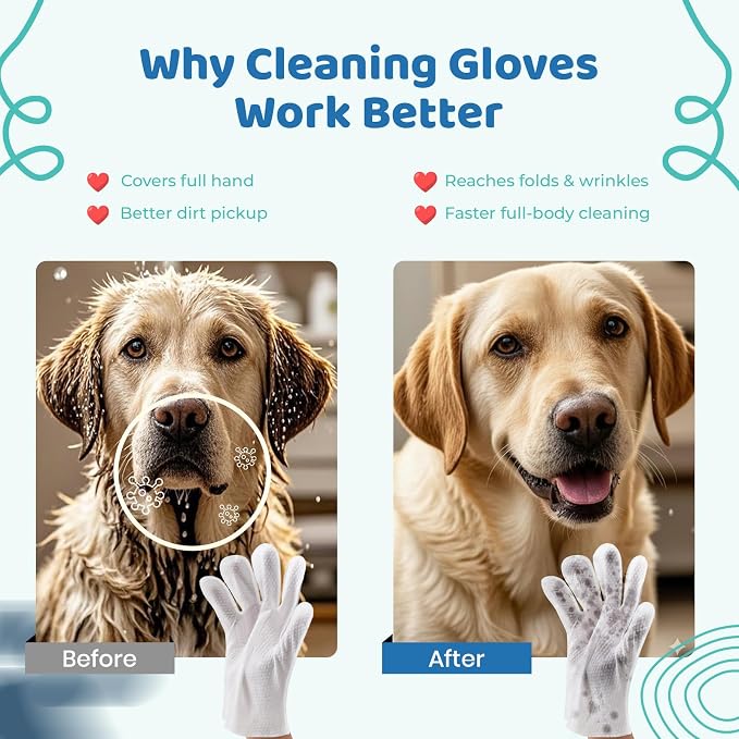 Pet Glove Wipes for Dogs & Cats with Coconut Scent, No Rinse Full Body Cleaning Large Gloves (9.84 x 9.05 inch), Gentle Grooming for Paws Face Ears Eyes Coat, Alcohol Free, 20 Pack