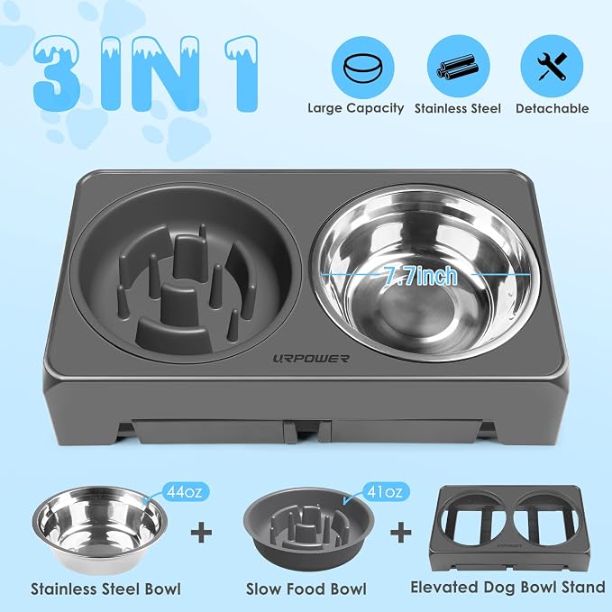 URPOWER Raised Dog Bowls 4 Height Adjustable Elevated Bowl Stand | Stainless Steel Water Bowl Non-Slip Dog Food Bowls Stand for Small Medium Large Dogs and Pets