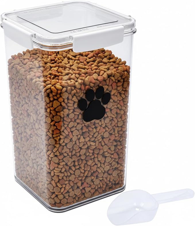 6L Dog Food Storage Container,Airtight Pet Food Storage Containers with Buckle-Lock Lids & Spoon,Plastic Cat Food Container,Dog Treat Container for Dog, Cat, Bird Seed - Bright White