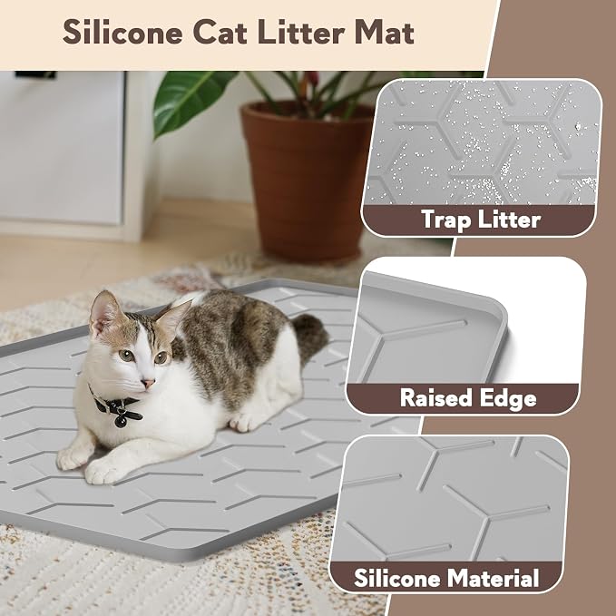 Silicone Cat Litter Mat Large 40" X 28", Easy to Clean, Gray | Large Size Waterproof Silicone Mat with Raised Edges, Catch Litter, Protect Floor from Urine, Multi-Use for Dog/Sink/Kitchen