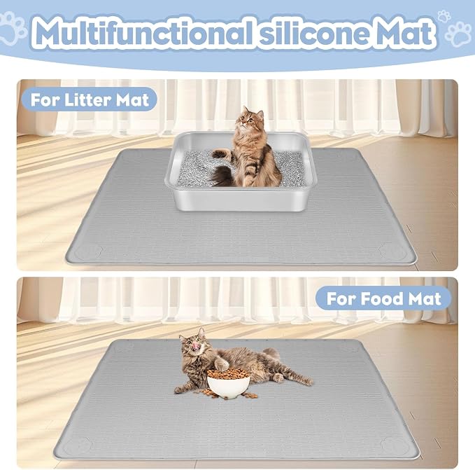 Kalolary Cat Litter Box Mats, Large 34" x 22" Silicone Cat Mat | Easy to Clean Kitty Litter Trapping Mat, Soft on Kitty Paws, Waterproof, Urine-Proof Kittys Litter Mats for Floor, Light Grey