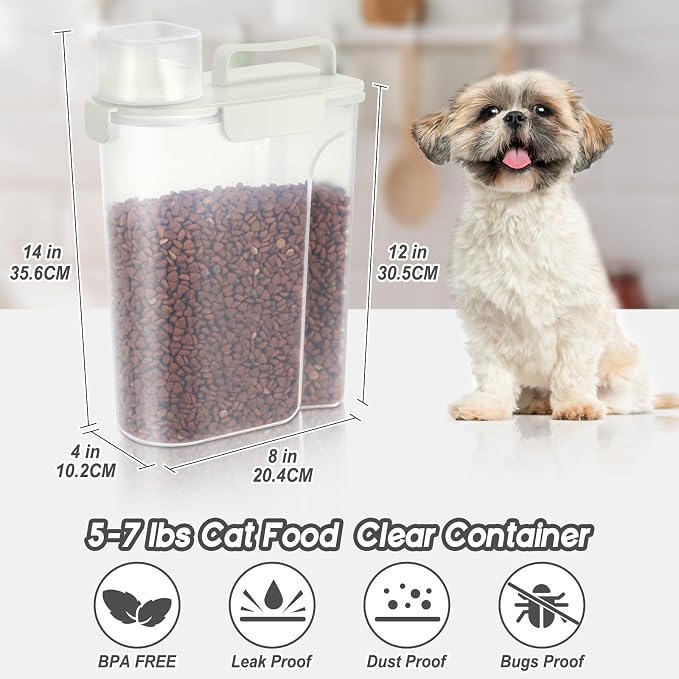 LEAWALK 5Lbs Dog Cat Storage Container Portable with Upgraded Large Spout and Cup, Plastic Pet Food Dispenser for Small Animal Kibble, Bird Seed, Oatmeal, Rice, Flour, Brown Sugart -Elegant White