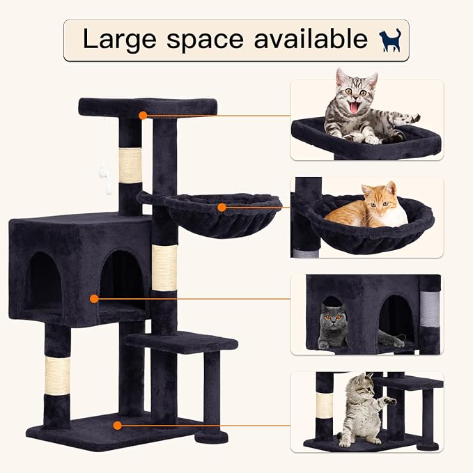 BestPet | 37" Cat Tree Tower | Dark Gray | Sturdy Multi-Level Cat Tree | with Plush Condo, Cozy Perch, Sisal Scratching Posts, Hanging Toy and Hammock | Easy Assembly | for Kittens & Adult Cats