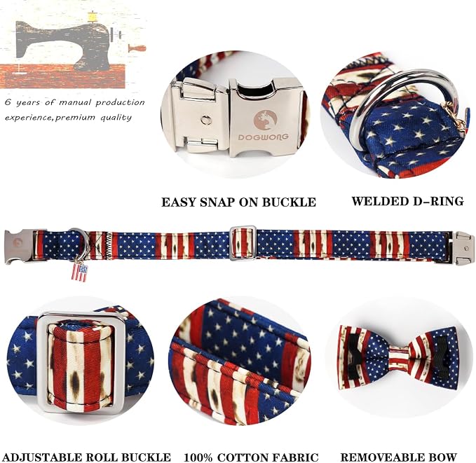 DOGWONG Ameirican Flag Dog Collar with Bow - Independence Bowtie Dog Collars, Adjustable Patriotic Pet Collars 4th of July Dog Collar for Small Medium Large Dogs