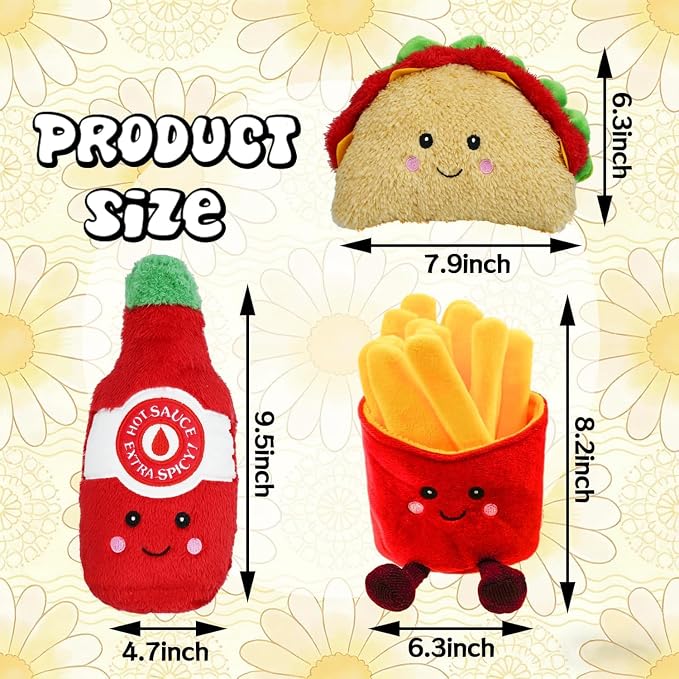 3-Pack Squeaky Dog Toys Funny Taco Plush Dog Chew Toys Set with Built-in Squeakers, Interactive Stuffed Pet Toys for Small Medium Large Dogs