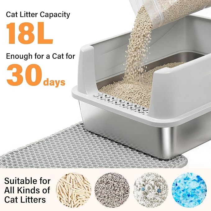 Stainless Steel Litter Box with High Sides, Small Metal Litter Box for Kittens & Medium Cats, Low Entry Kitten Litter Boxes with Scoop and Mat, Non-Sticky, Anti-Urine Leakage, Easy Cleaning
