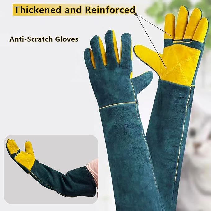 Animal Handling Gloves Bite Proof, 60cm/ 23.6In Scratch Resistant Leather Gloves for Grabbing/Grooming/Handling Dog Cat Bird Snake Parrot Lizard Reptile - Reinforced Palm Protection Gloves