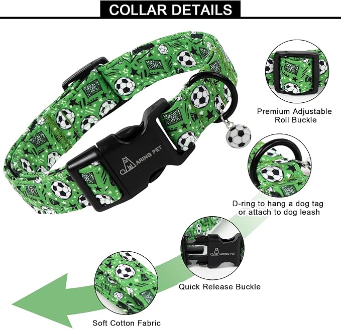 ARING PET Soccer Dog Collar, Cute Green Doggy Collars with Quick Release Buckle for Puppy Small Medium Large Boy Girl Dogs-S