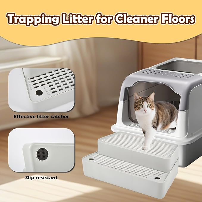 SpaceTime Adjustable Cat Ramp Cat Steps for Litter Box,Detachable Elevated Litter Mat Trapping Litter Box Mat with Filter Function for Floor,Non-Slip Catcher Stair for Small & Elderly Cats (Grey)