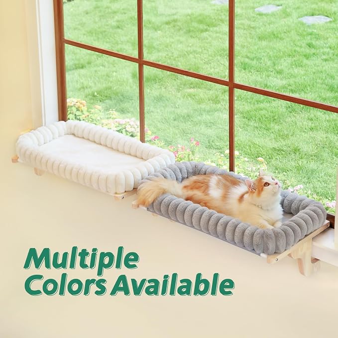 Zakkart SnugCloud Cat Window Perch with 4-Sided Bolster - Orthopedic Cat Hammock for Window Sill - Solid Hardwood & Metal Frame - Window Seat for Pets (Natural Color Wood w/White Bed, Medium)