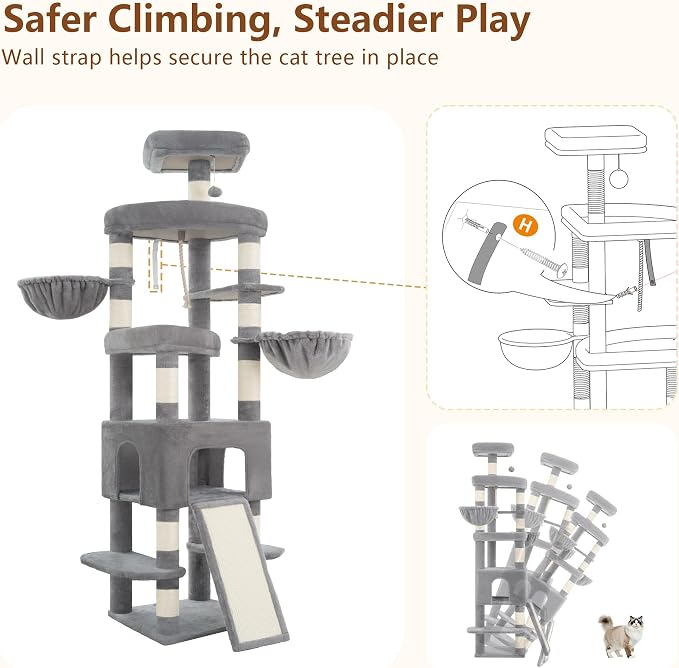Heybly Cat Tree, 82.7″ Extra Tall Cat Tower for Large Cats Adult HCT063W | Giant Cat Condo with Multi-Level Platforms, 2 Baskets, Spacious Cat Cave, Wide Sisal Scratching Board, Light Gray