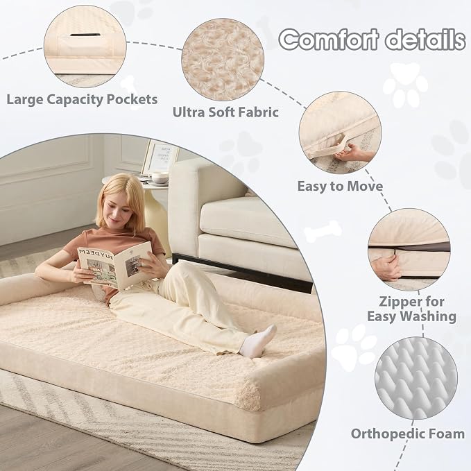 BFPETHOME Orthopedic Washable Human Dog Bed for Adult & Dog Cozy Sleep | Human Size Waterproof Big Soft Pet Couch Bed for Adult & Dogs Relax with Removable Cover Supportive Foam Beige 61x43 Inch