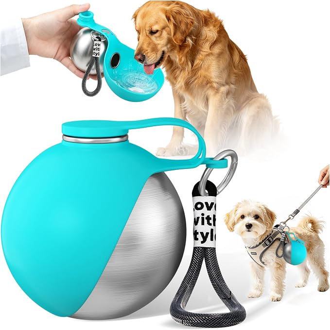 2 in 1 Dog Water Bottle with Bowl, 10oz Stainless Steel Travel Pet Water Dispenser, No-Spill Leak-Proof Design with Silicone Bowl, Compact Pet Drinking Bowl for Puppies Outdoor (Blue)