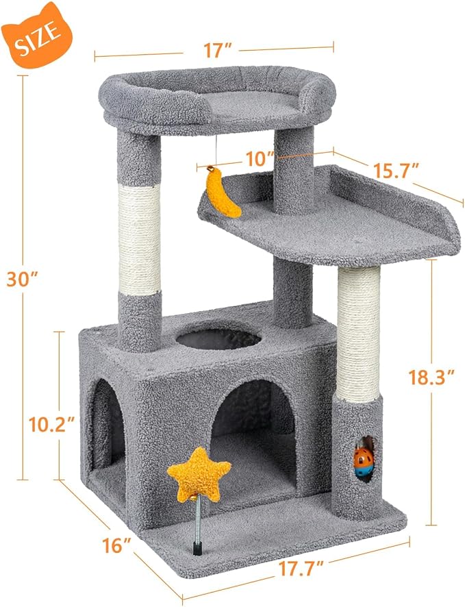 30" Cat Tower for Kittens, Compact Light Gray Cat Tree Indoor | Plush Finish, Cozy Condo, Soft Top Perch, Sisal Scratching Post, Dangling Ball Toy, Anti-Tip Base, for Cats up to 15 lbs