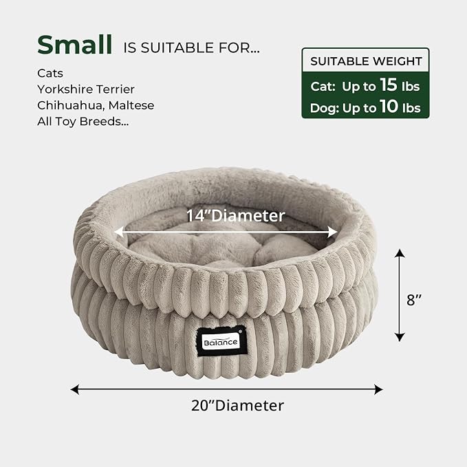 BALANCE Cat Bed Kitten Bed, Washable Round Cat Beds for Indoor Cats,Super Soft Plush Faux Fur Pet Bed for Puppy and Kitten with Anti-Slip Bottom