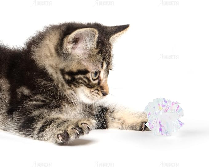 AUEAR, 20 Pack Dye Free Cat Crinkle Balls 2" Mylar Sounds Shiny Kitty Glitter for Cats