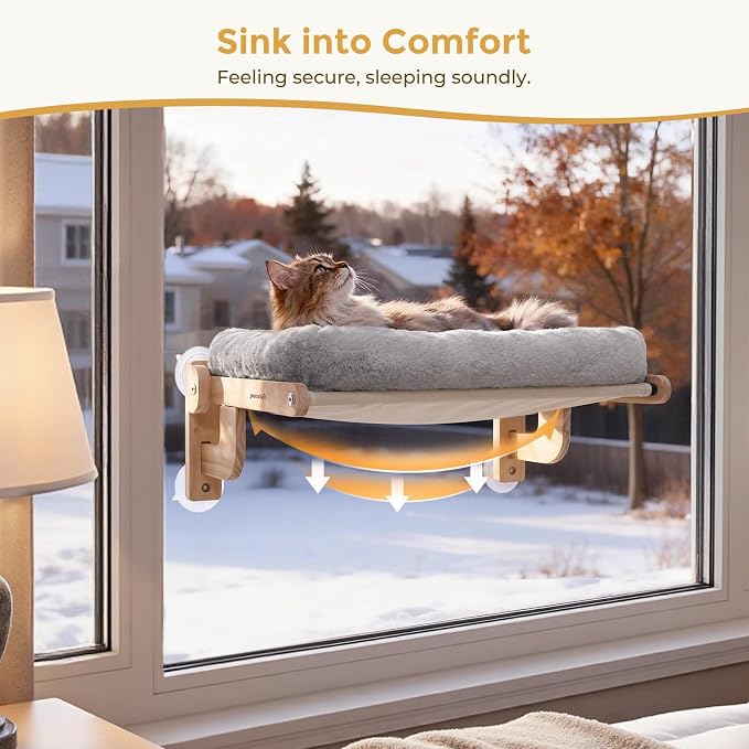 Pecute Cat Window Hammock Foldable, Cat Bed with Soft Cushion Grey, 26" L | Sturdy Wood Frame, Collapsible Large window perch with Strong Suction Cup for Indoor Cat, foldable Design, Soft Plush Surface