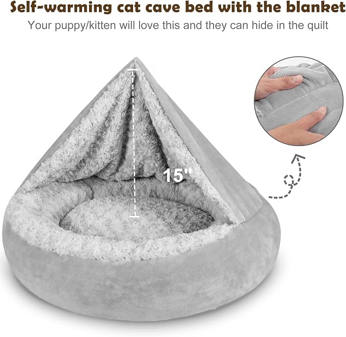 JOEJOY Small Dog Bed Cat Bed with Hooded Blanket, Cozy Cuddler Luxury Puppy Pet Bed, Donut Round Calming Anti-Anxiety Dog Burrow Cave Bed - Anti-Slip Bottom and Machine Washable 23 inch