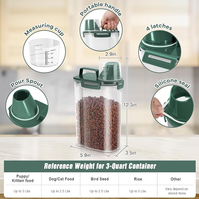 TBMax Small Dog Food Storage Container 3 Qt with Cat Food Can Cover and Mixing Spoon, Portable Travel Pet Food Dispenser with Large Spout and Cup -Bottle Green
